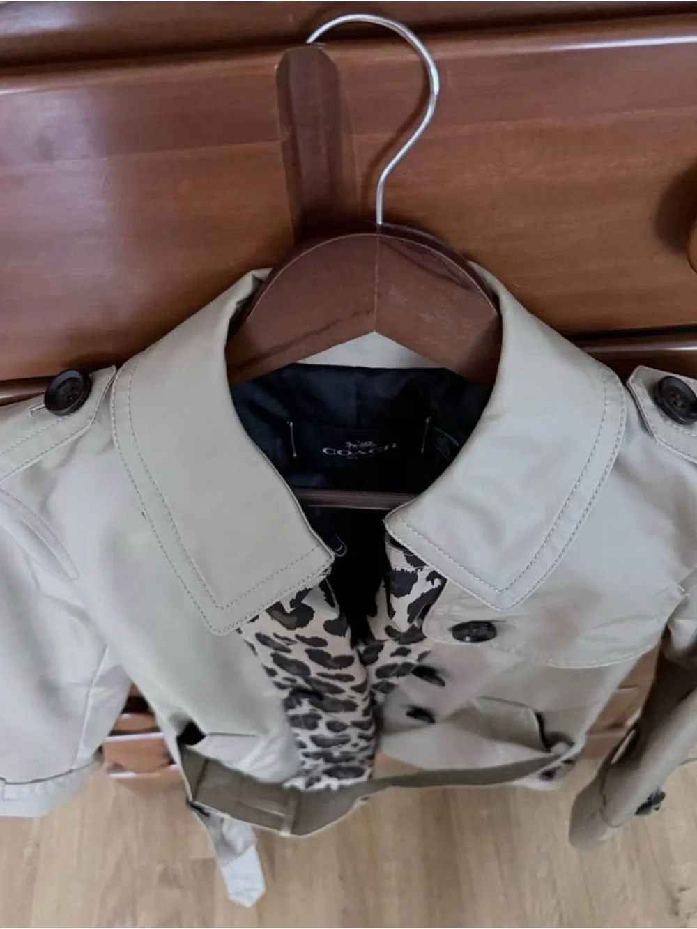 Coach Beige Trench Coat with Leopard Trim